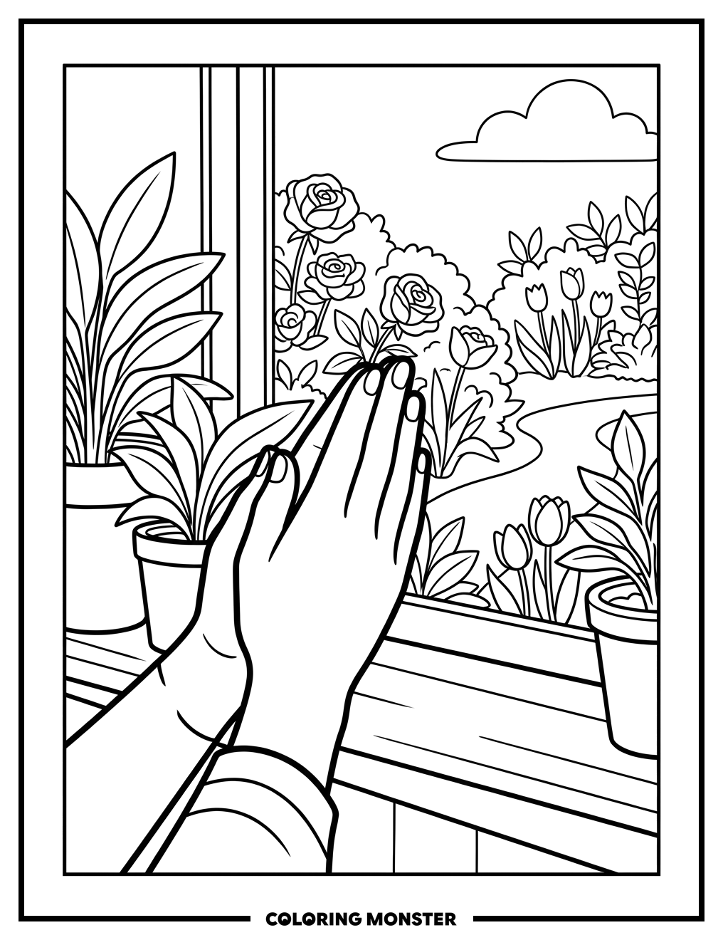 Hands Clasped in Prayer at Garden Window Coloring Page