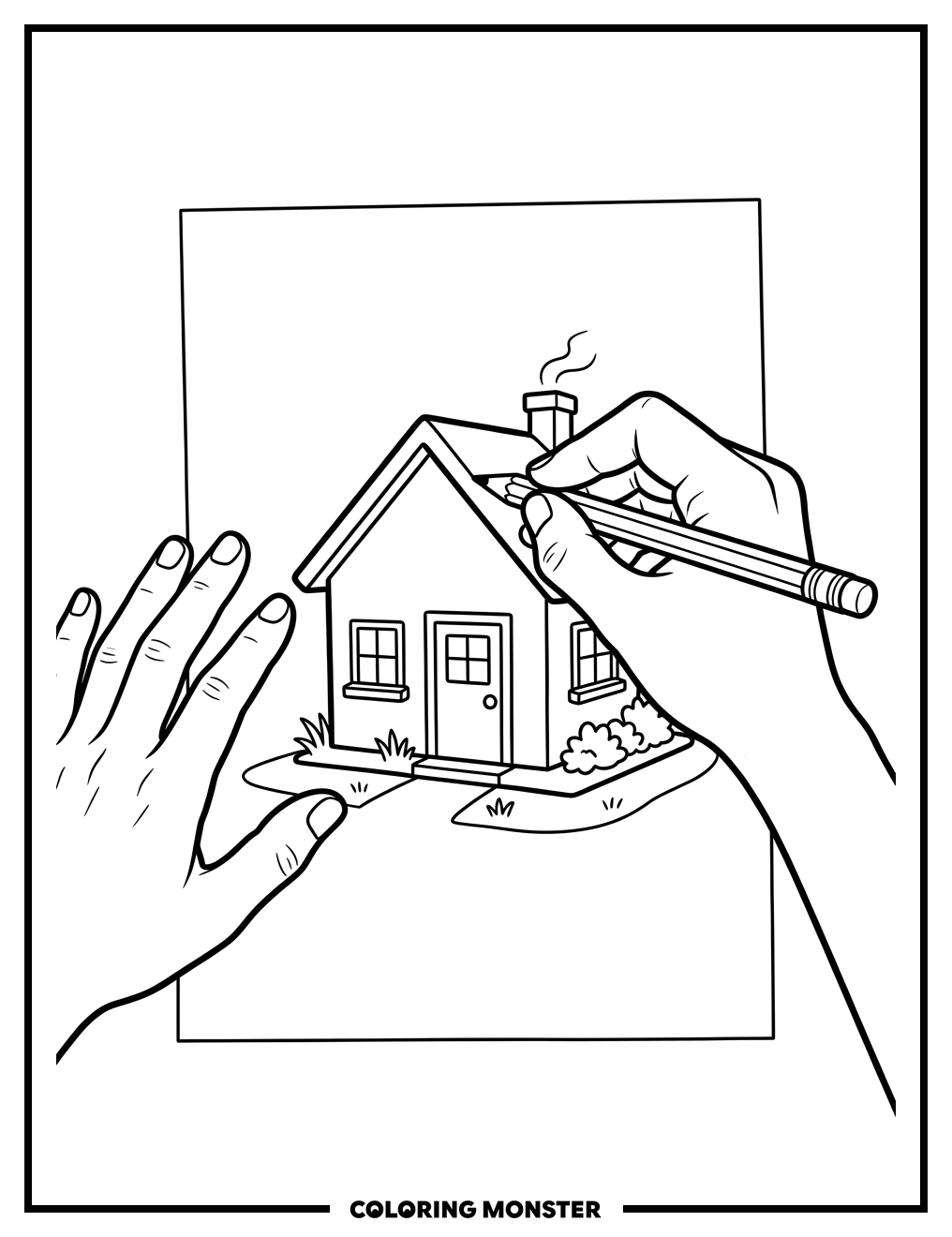 Hands Drawing A House Coloring Page
