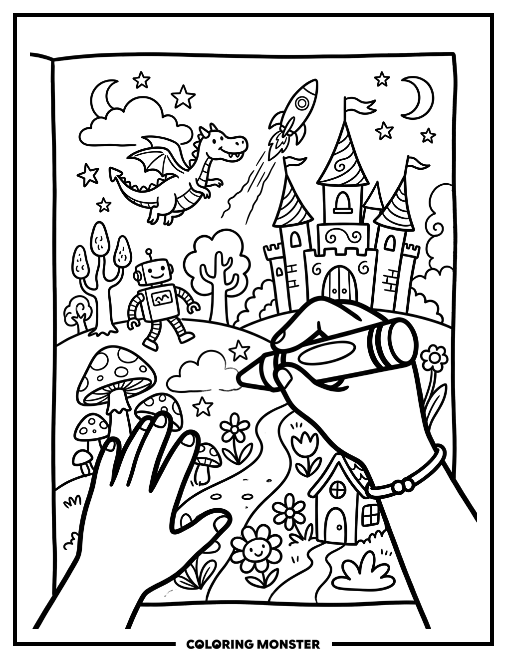 Hands Drawing a Whimsical Scene Coloring Page