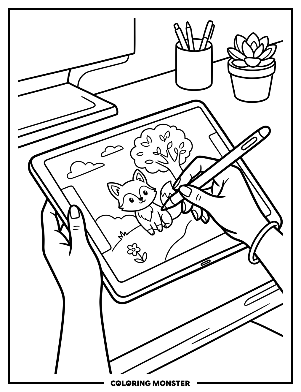 Hands Drawing on Digital Tablet Coloring Page