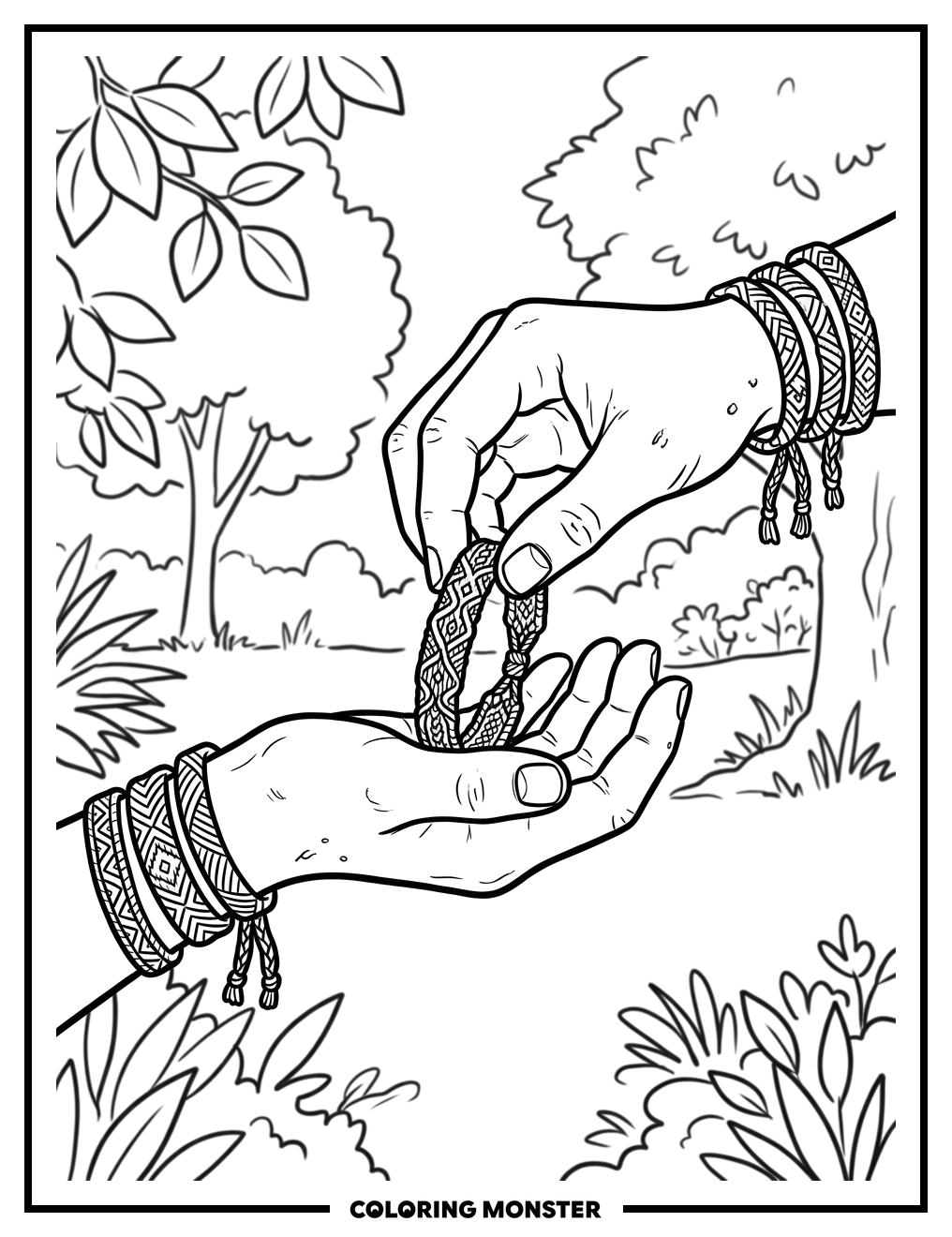 Hands Exchanging Friendship Bracelets Coloring Page