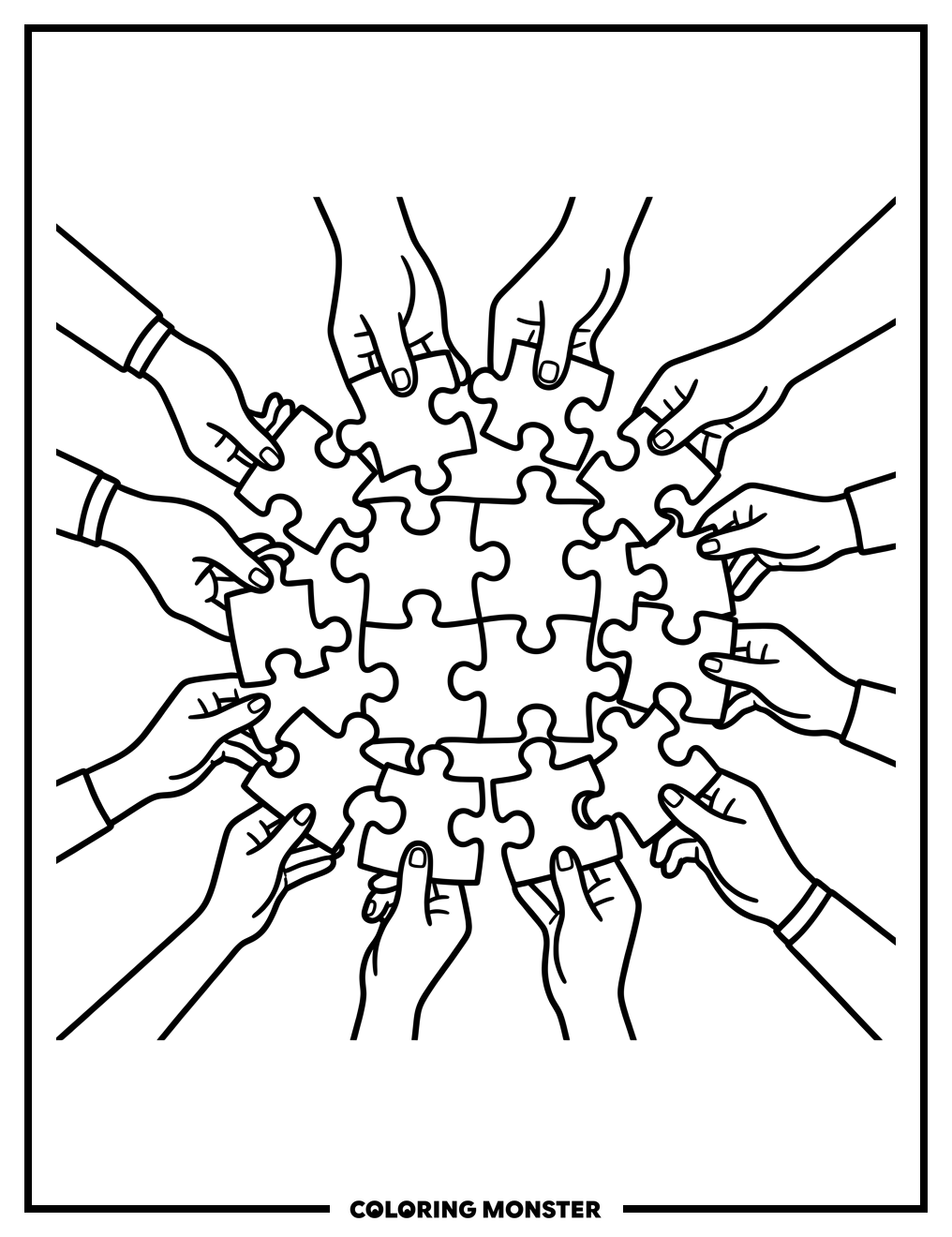 Hands Holding Puzzle Pieces Coloring Page