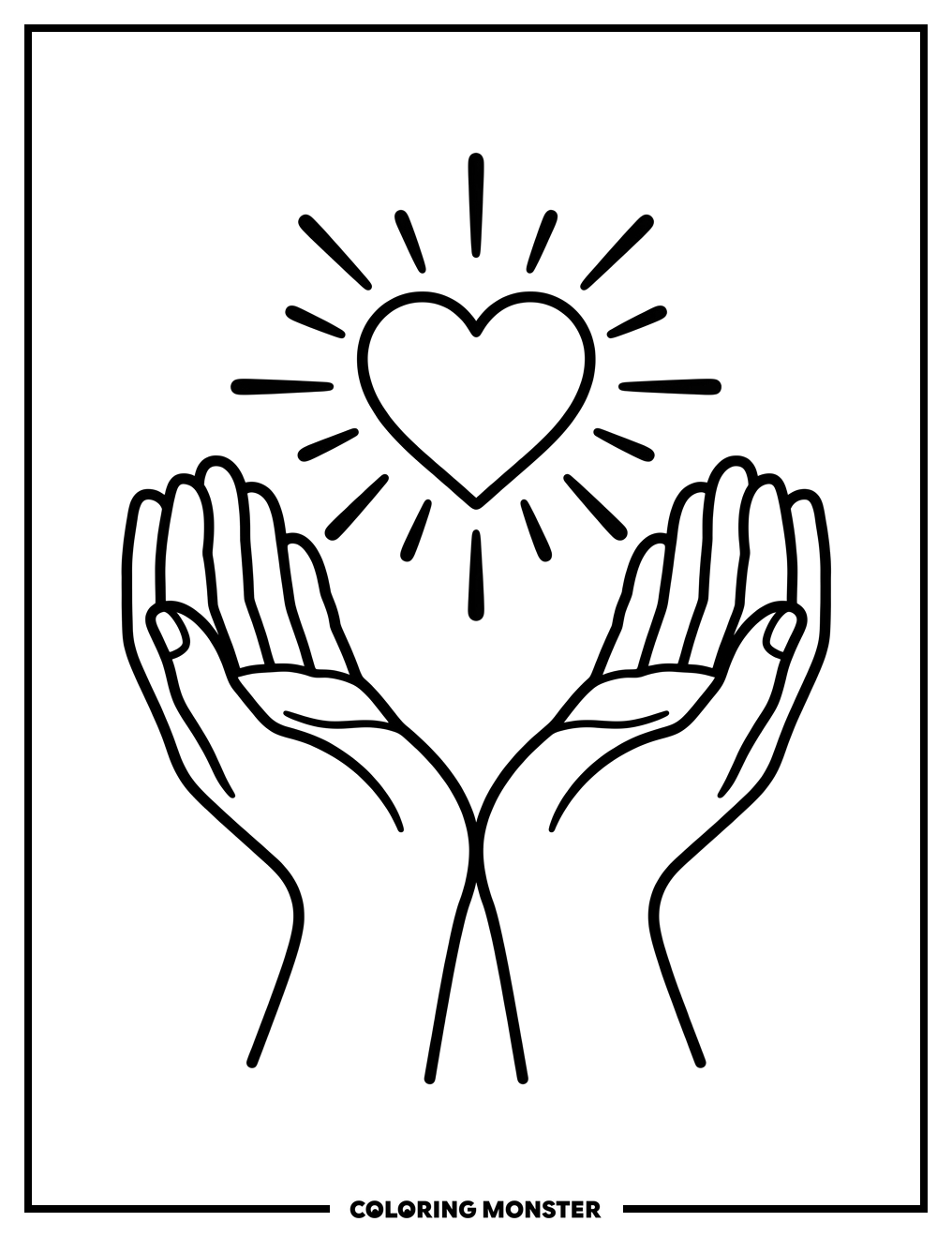 Hands Holding Radiant Heart Coloring Page