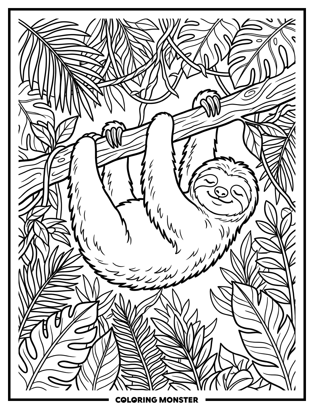 Hanging Sloth in Lush Forest Coloring Page