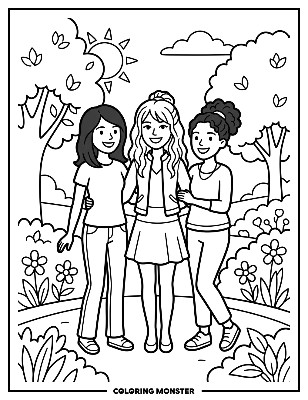 Hannah Montana With Friends In Park Coloring Page