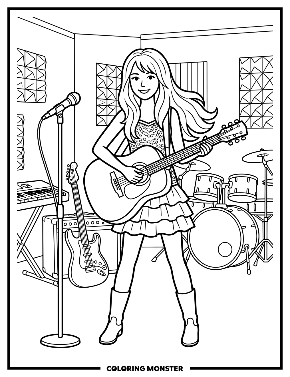 Hannah Montana With Guitar In Studio Coloring Page