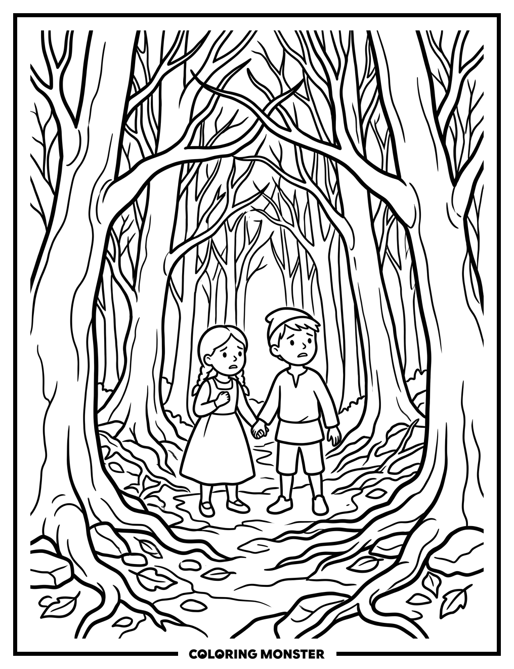 Hansel and Gretel Lost in Woods Coloring Page