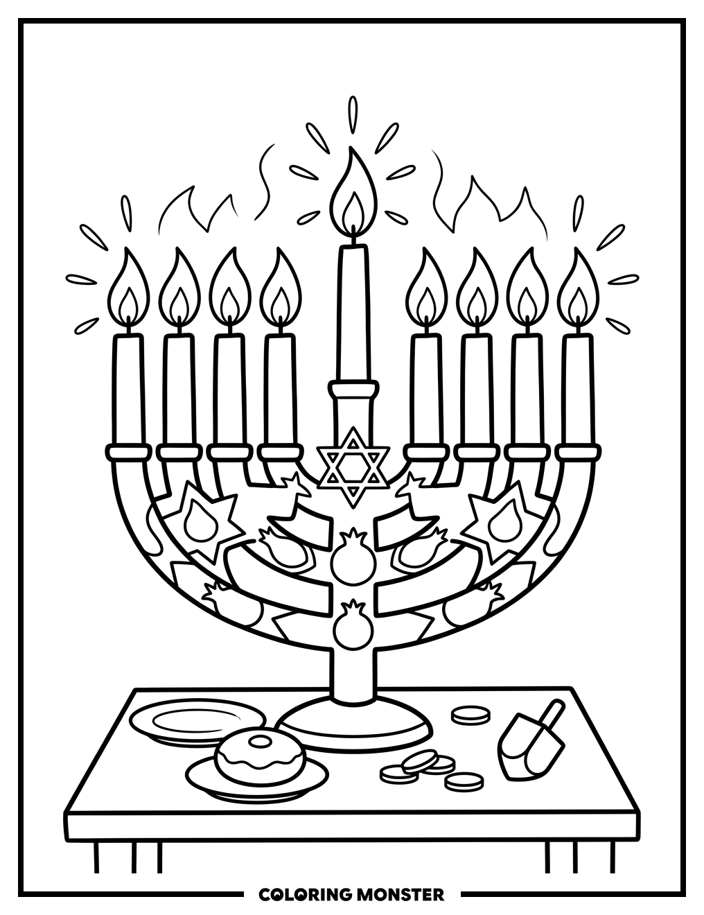 Hanukkah Menorah with Nine Candles Coloring Page