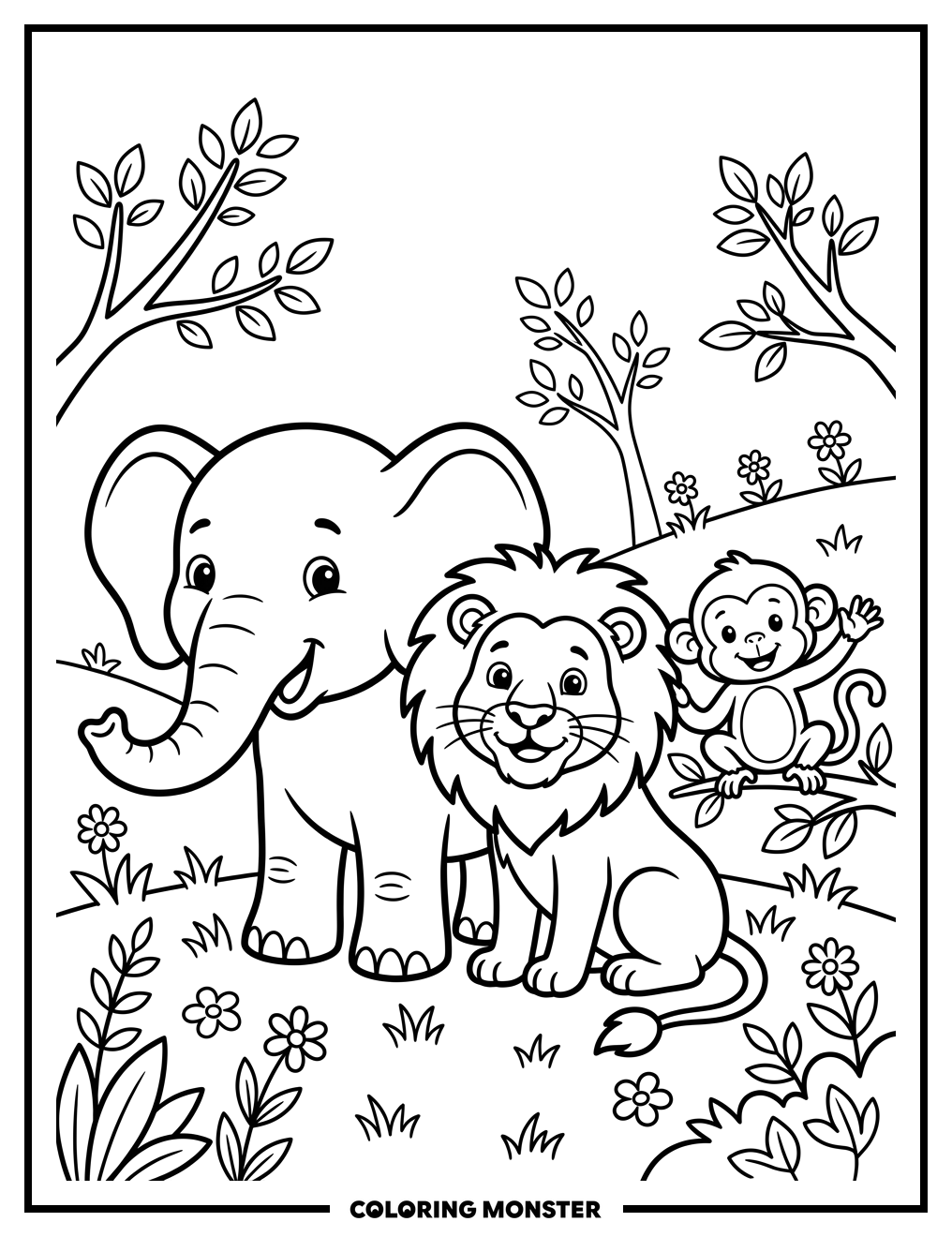 Happy Animals in a Meadow Coloring Page