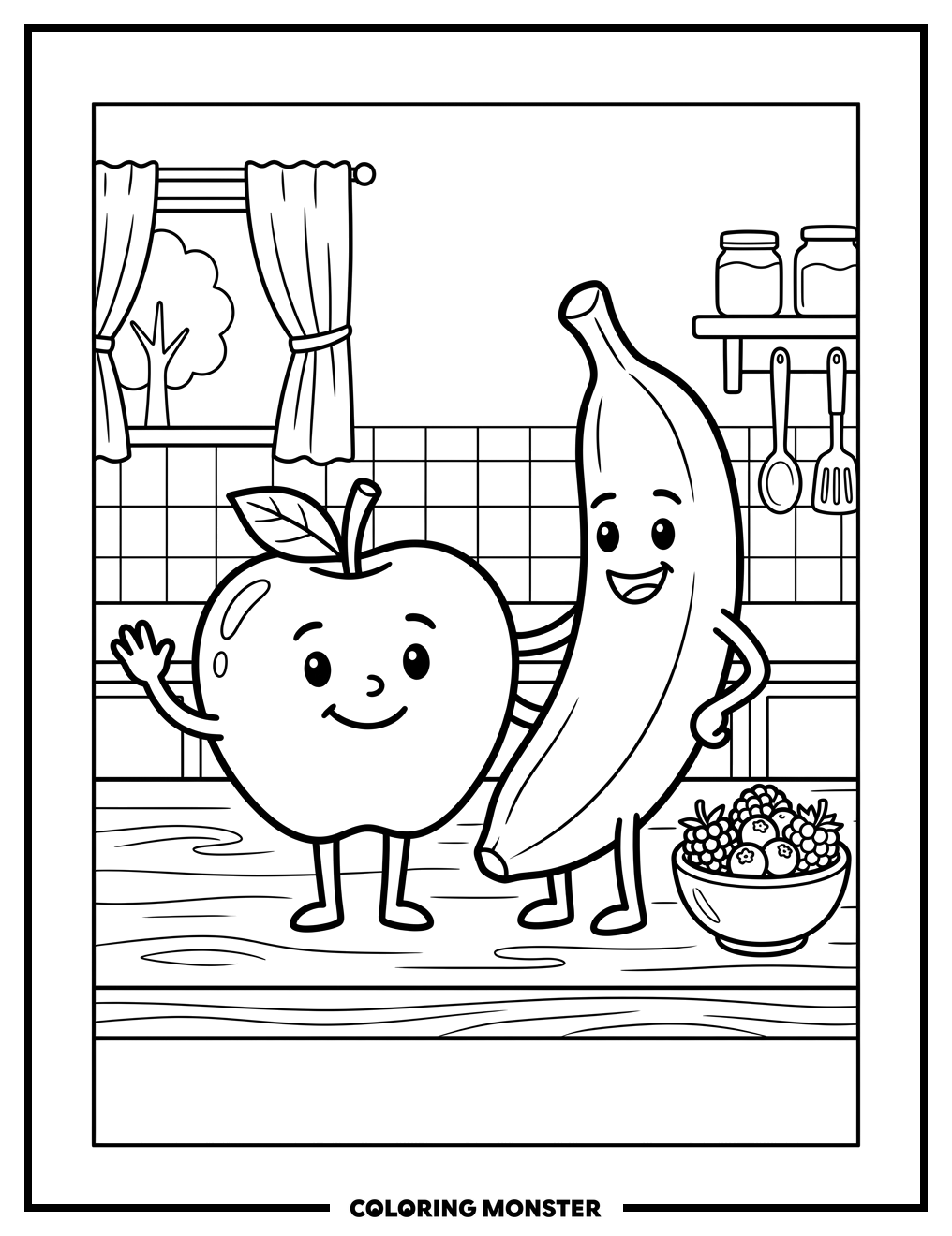 Happy Apple and Banana Friends Coloring Page