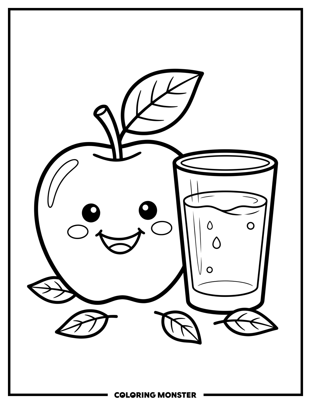 Happy Apple with Juice Coloring Page