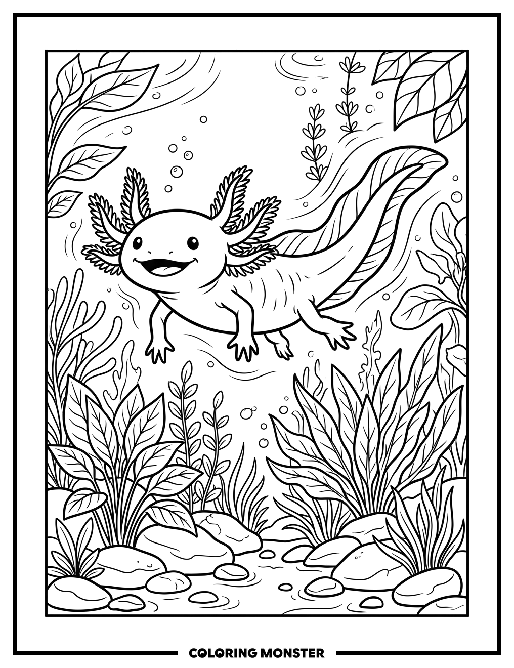 Happy Axolotl in a Pond Coloring Page