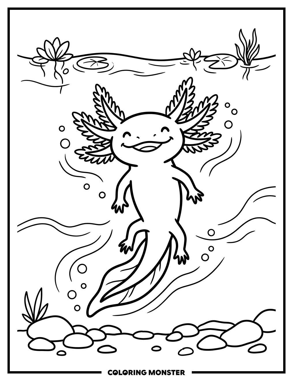 Happy Axolotl Swimming in Water Coloring Page