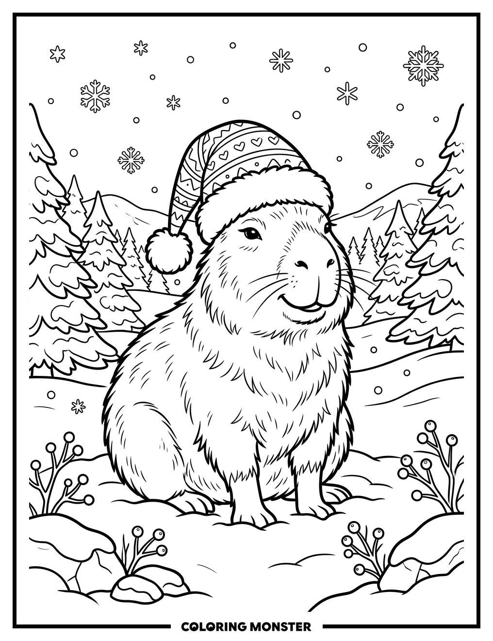 Happy Capybara in Snowy Landscape Coloring Page
