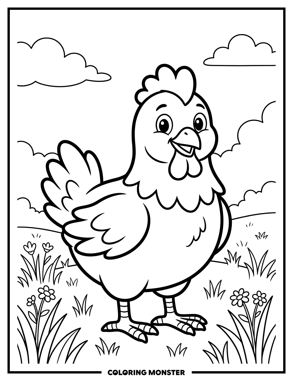 Happy Cartoon Chicken in a Field Coloring Page