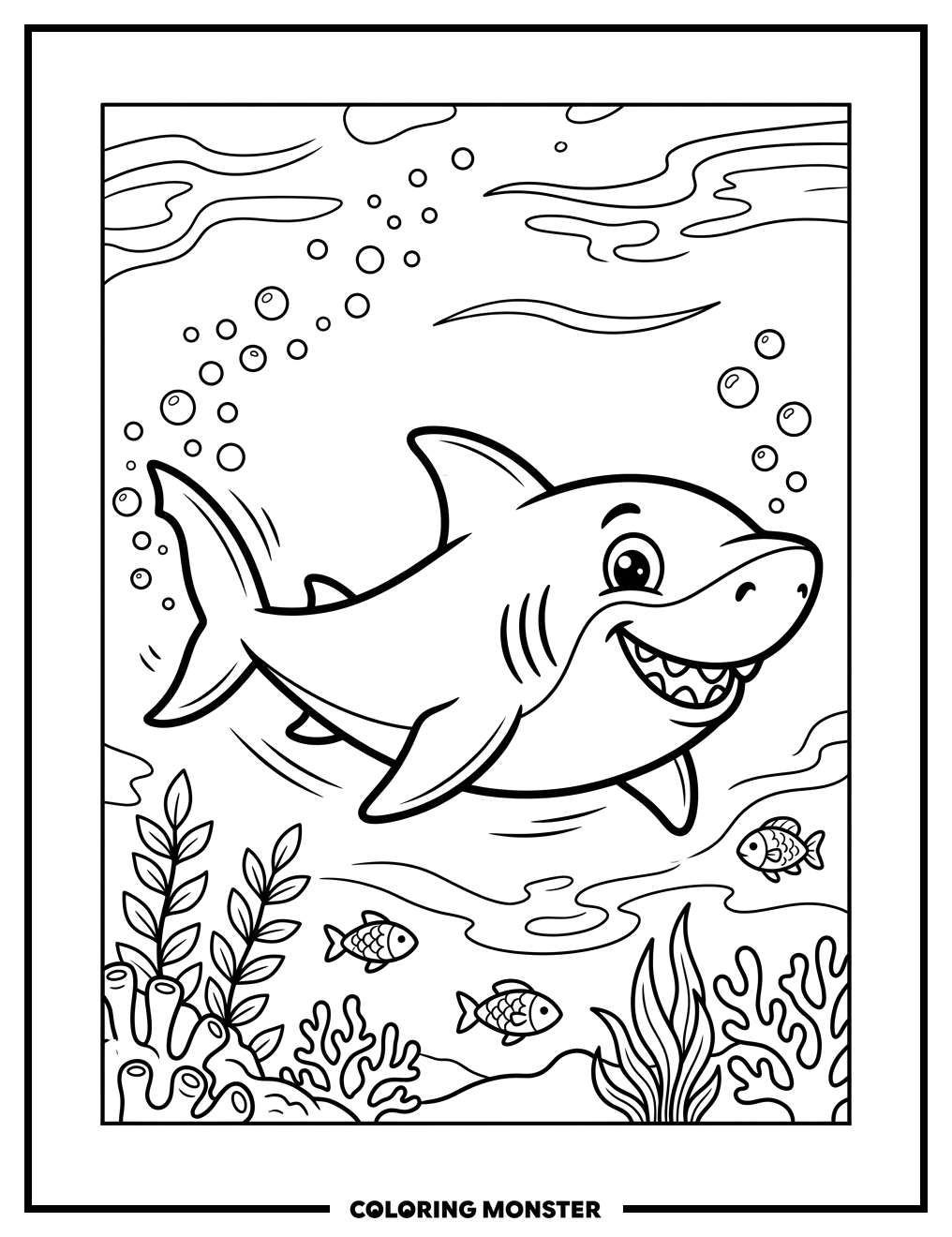 Happy Cartoon Shark Swimming Coloring Page