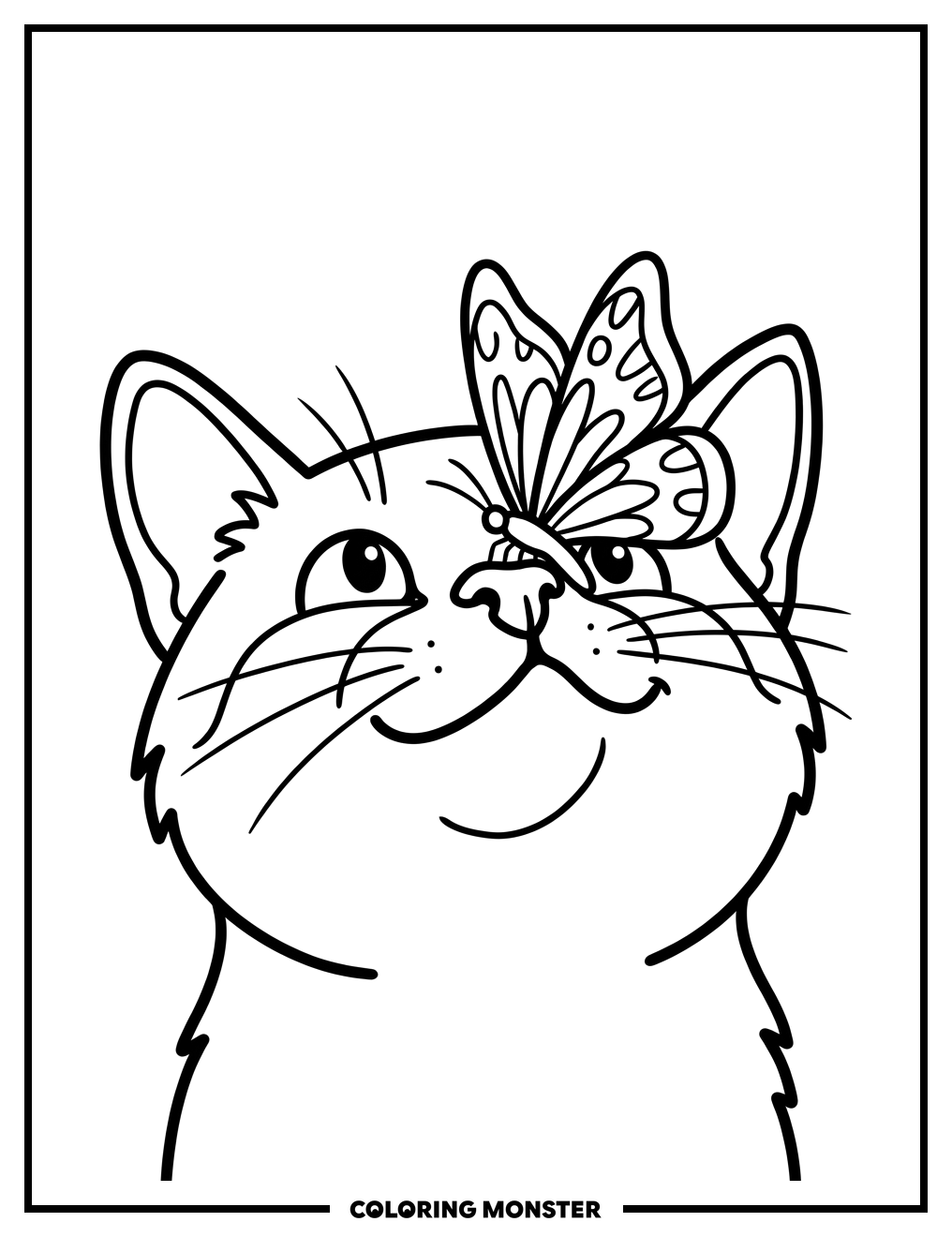 Happy Cat and Butterfly Coloring Page