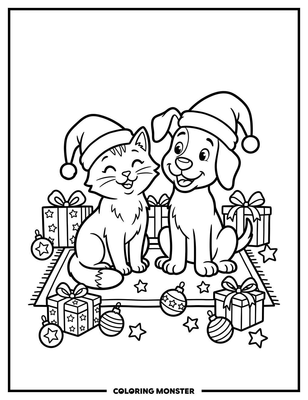 Happy Cat and Dog with Santa Hats Coloring Page