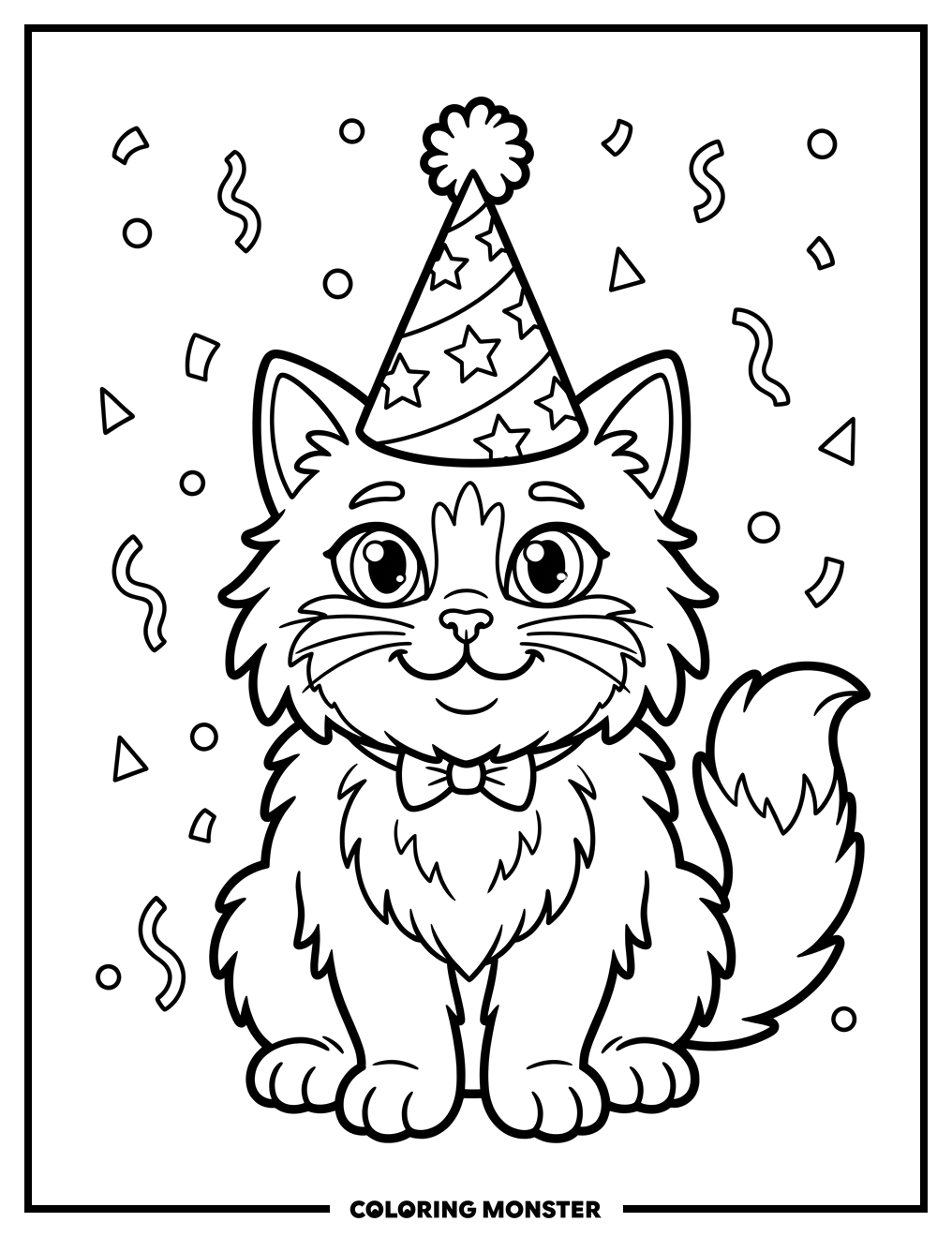 Happy Cat Wearing Party Hat Coloring Page