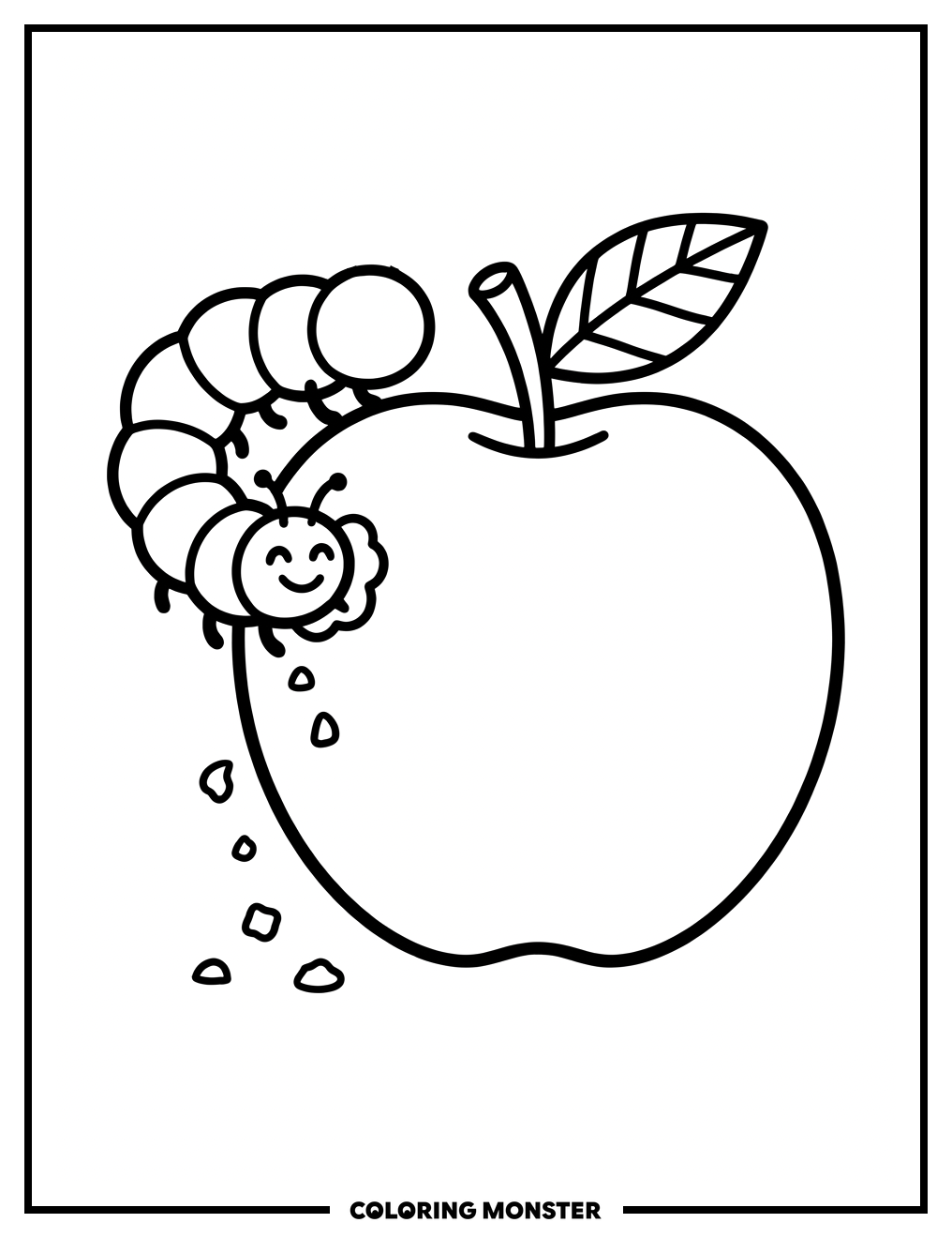 Happy Caterpillar Eating an Apple Coloring Page