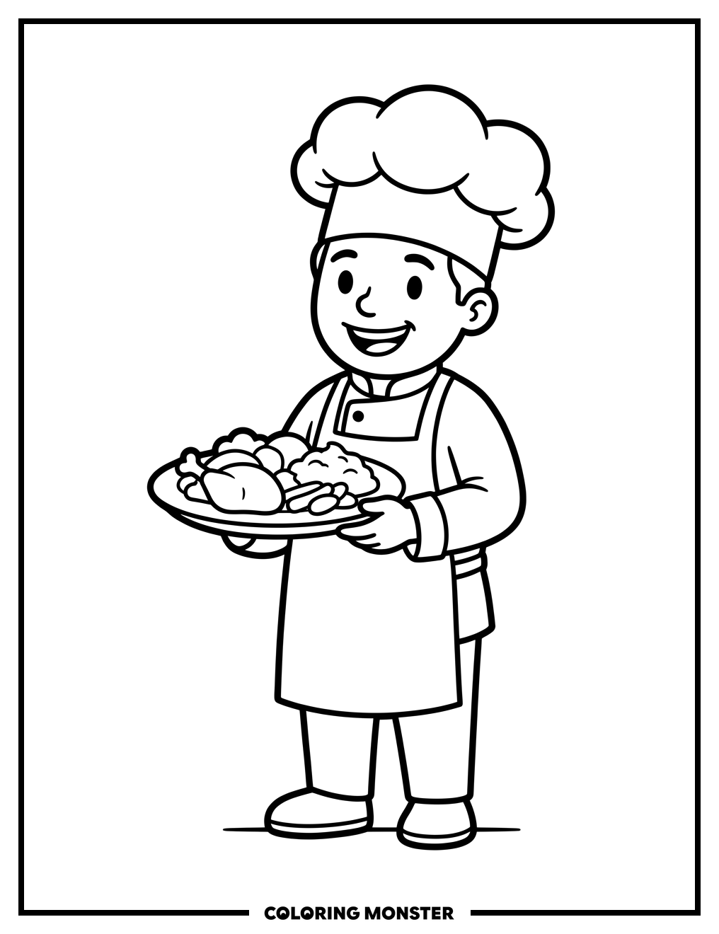 Happy Chef Holding a Plate Coloring Page