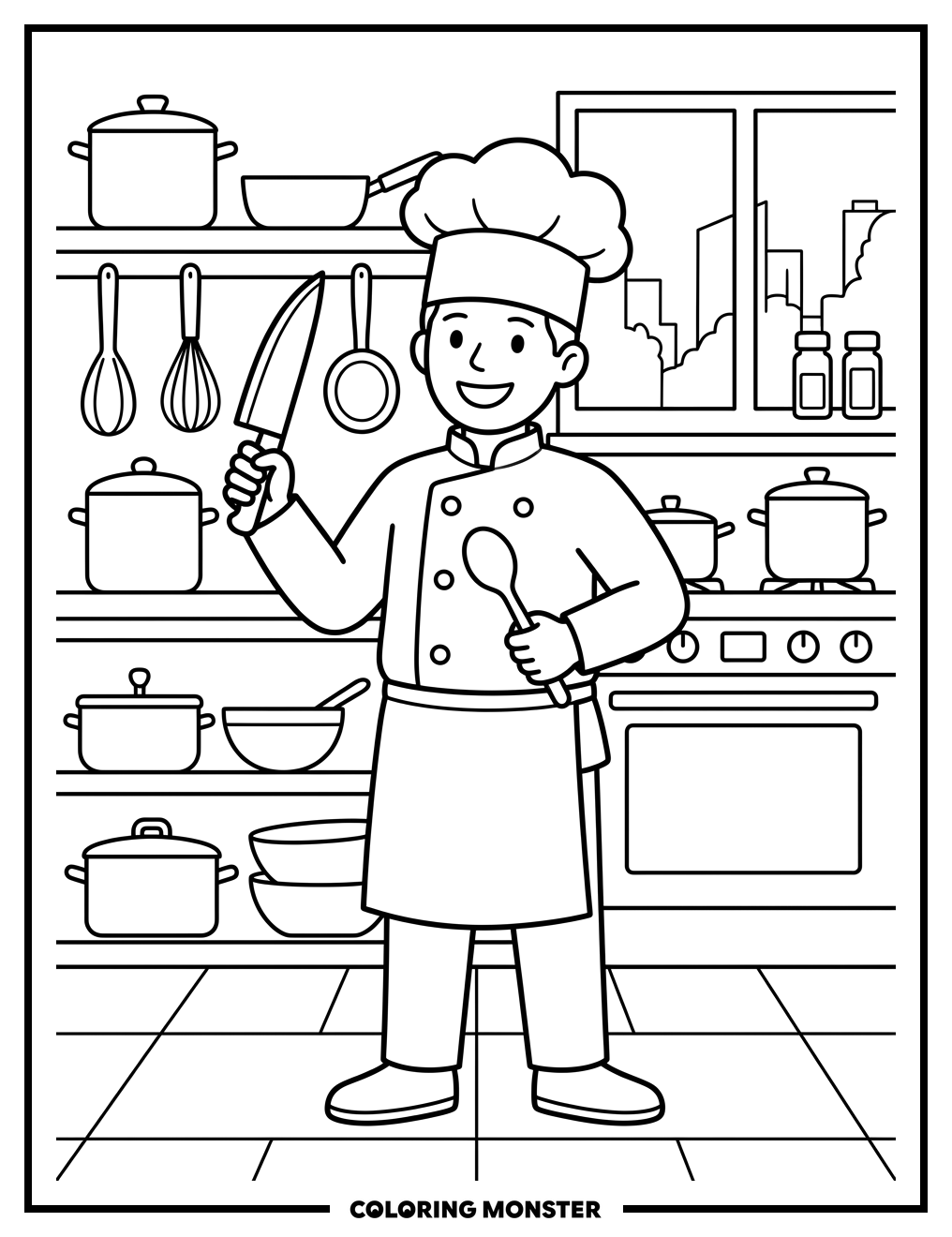 Happy Chef with Knife Coloring Page