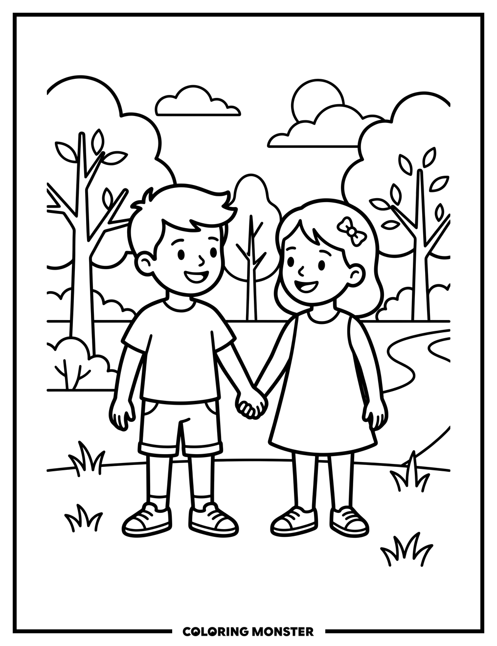 Happy Children Holding Hands in Park Coloring Page