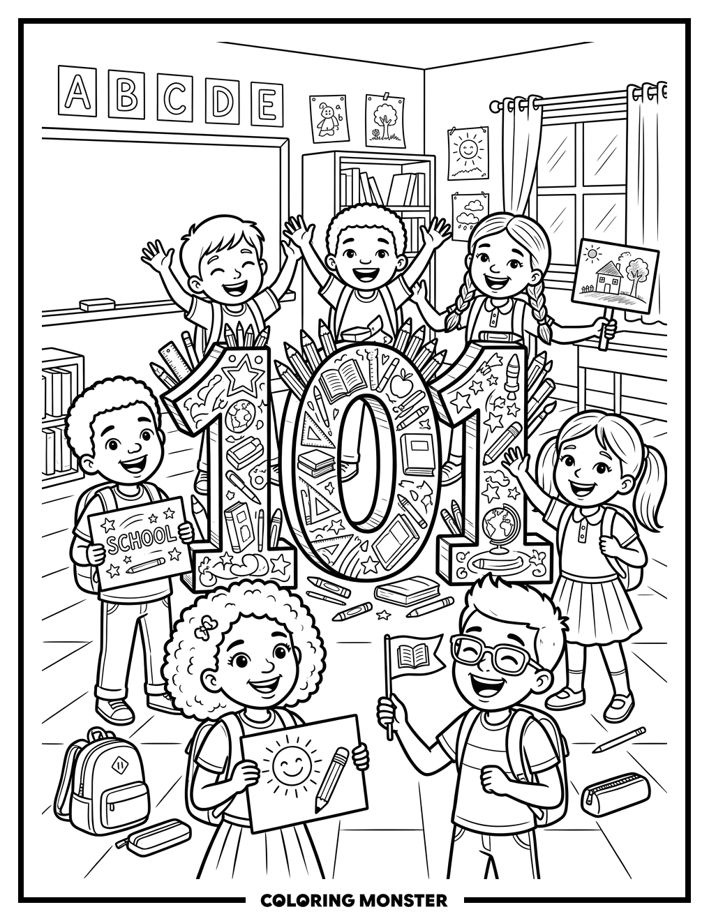 Happy Children With Large Number 101 Coloring Page