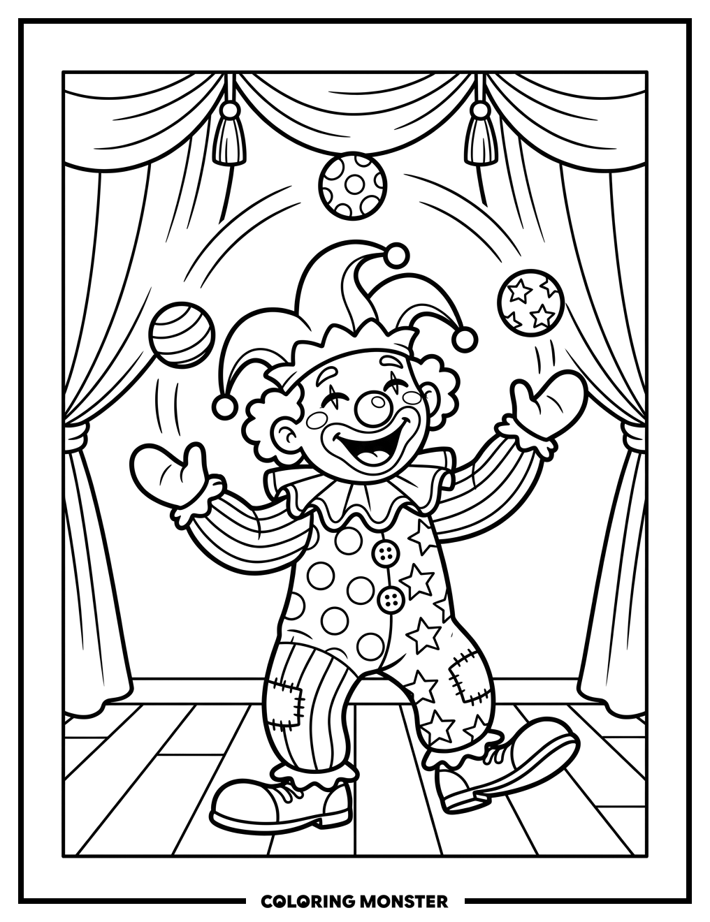 Happy Clown Juggling Colorful Balls Coloring Page