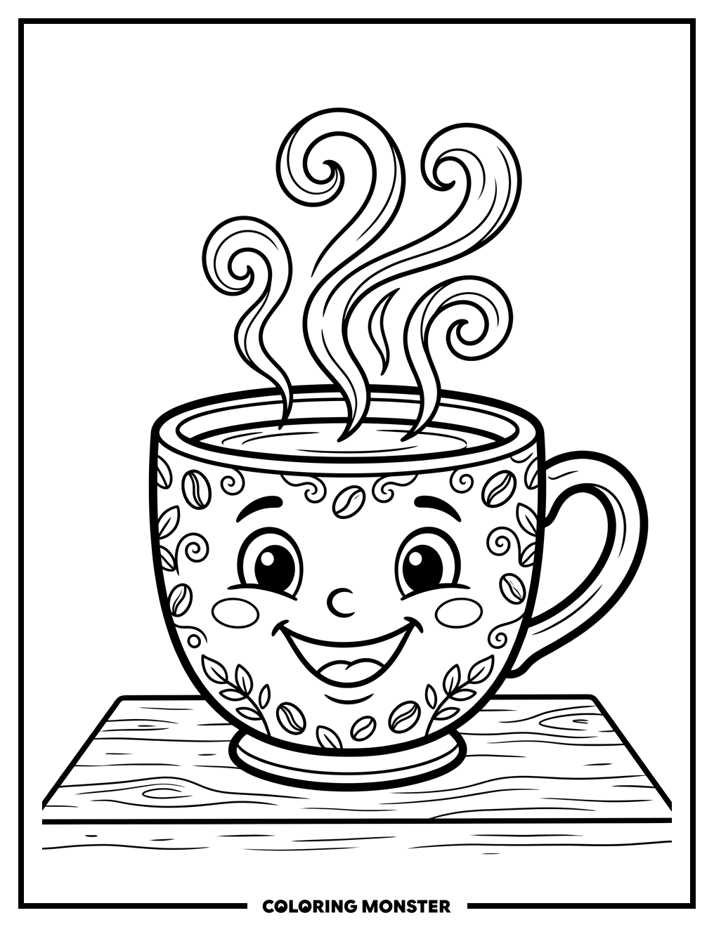 Happy Coffee Cup with Steam Coloring Page
