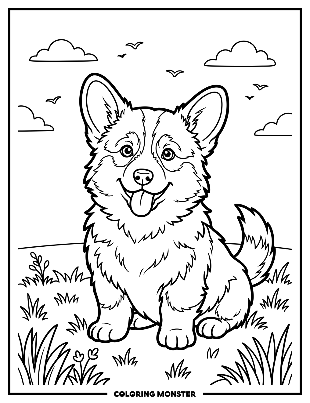 Happy Corgi Puppy in a Field Coloring Page