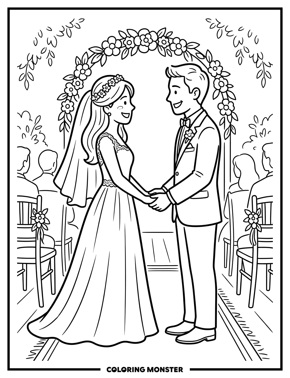 Happy Couple on Wedding Day Coloring Page
