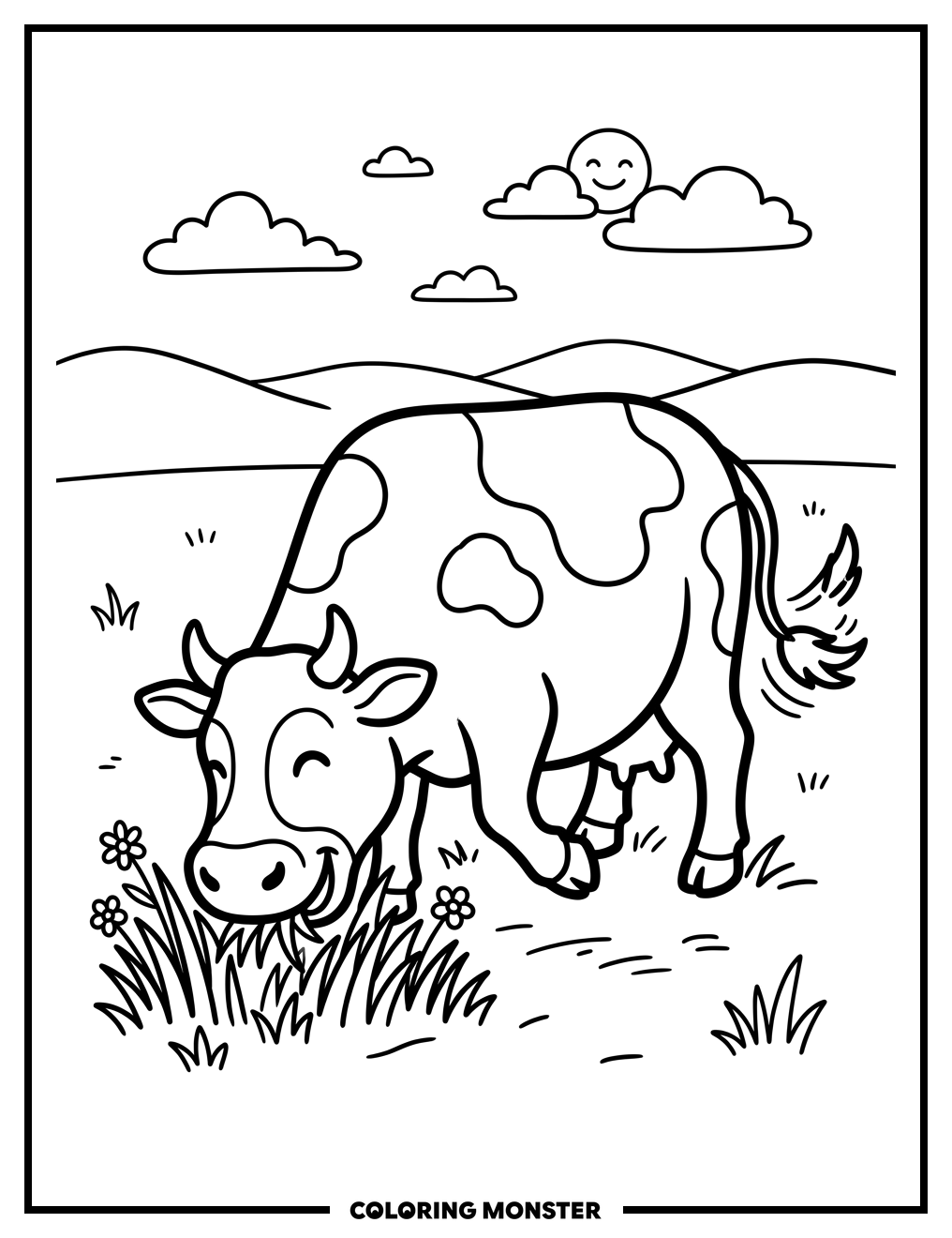 Happy Cow Eating Grass Coloring Page