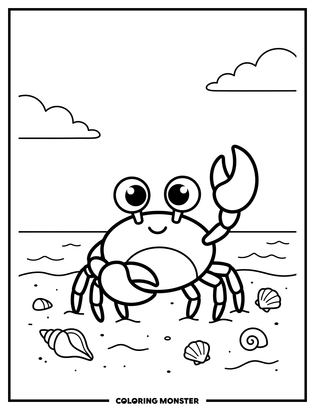 Happy Crab on the Beach Coloring Page