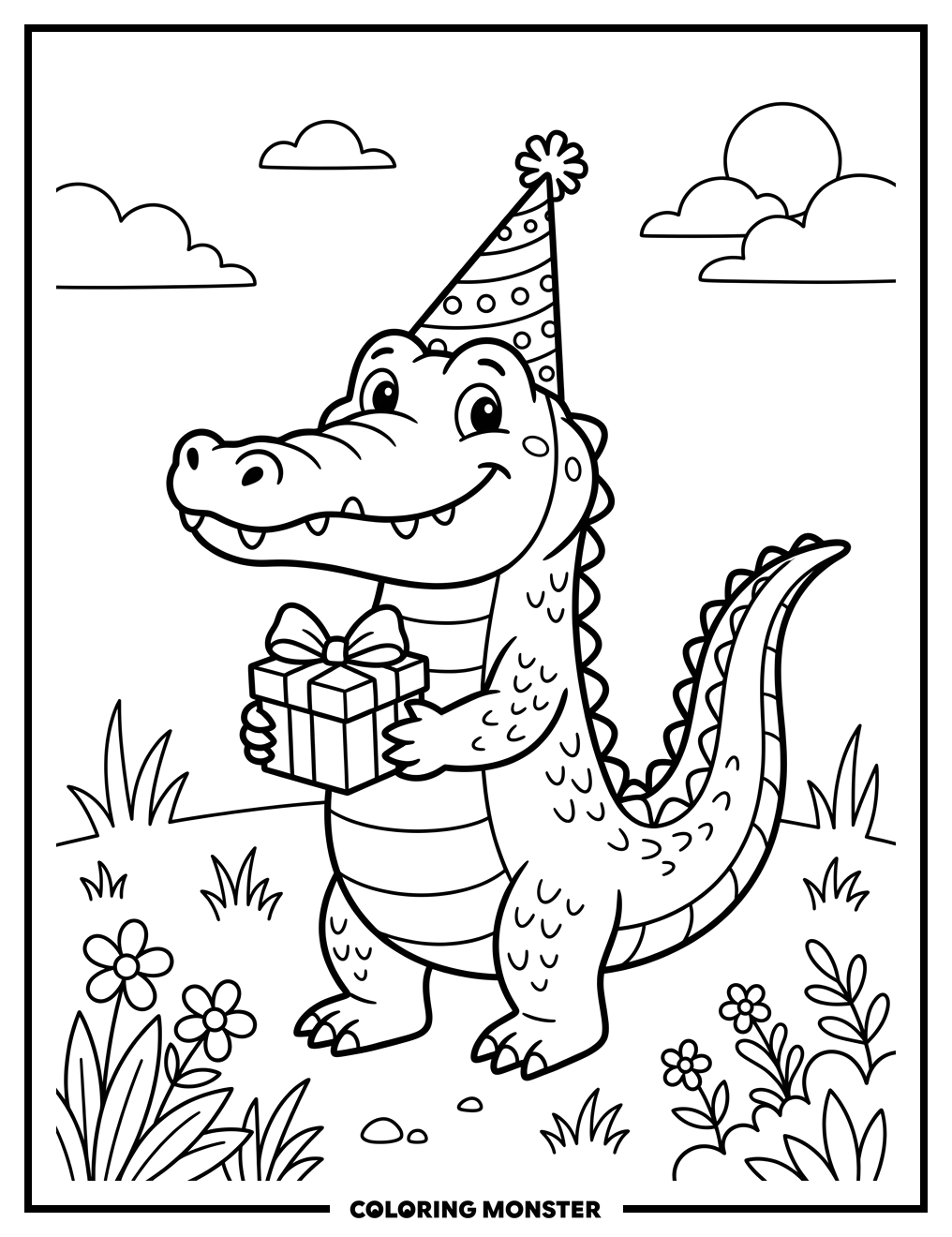 Happy Crocodile with Party Hat Coloring Page