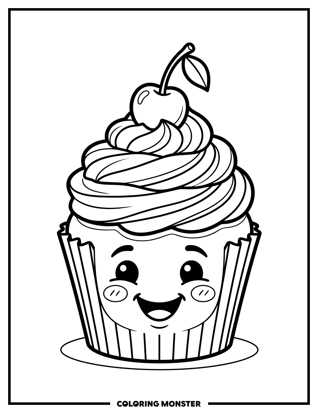 Happy Cupcake with Frosting and Cherry Coloring Page