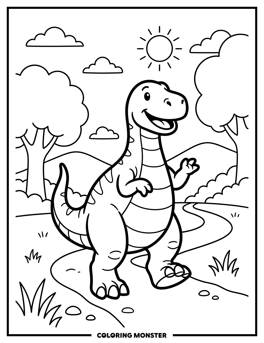 Happy Dinosaur in Landscape Coloring Page