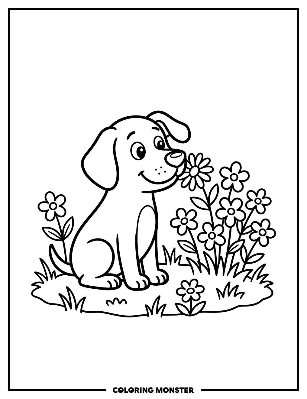 Happy Dog Among Flowers Coloring Page