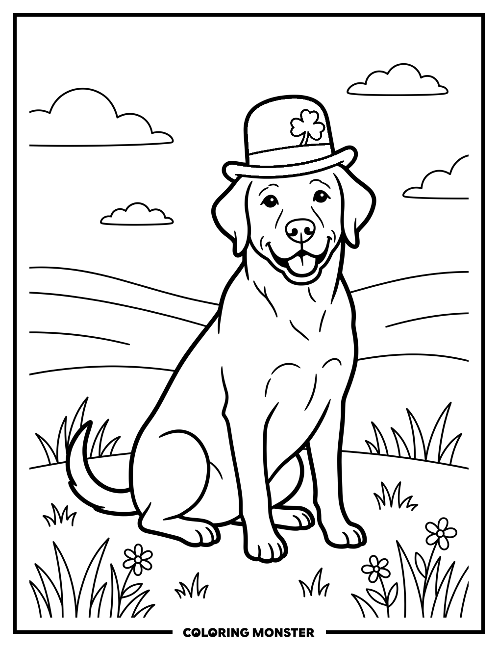 Happy Dog in a Shamrock Hat Coloring Page