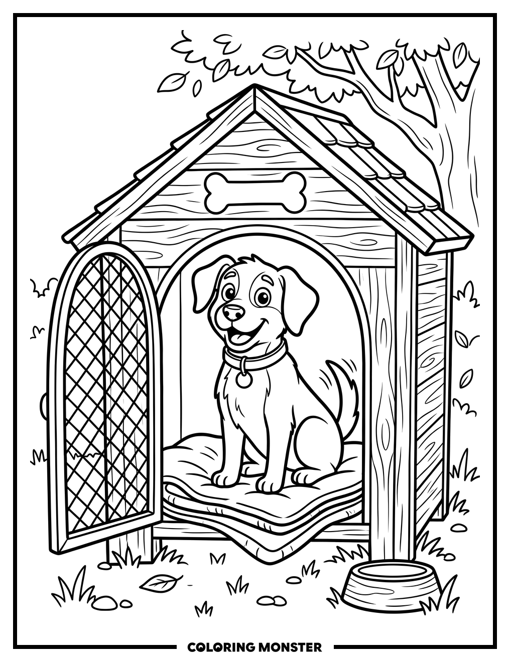 Happy Dog in Kennel Coloring Page