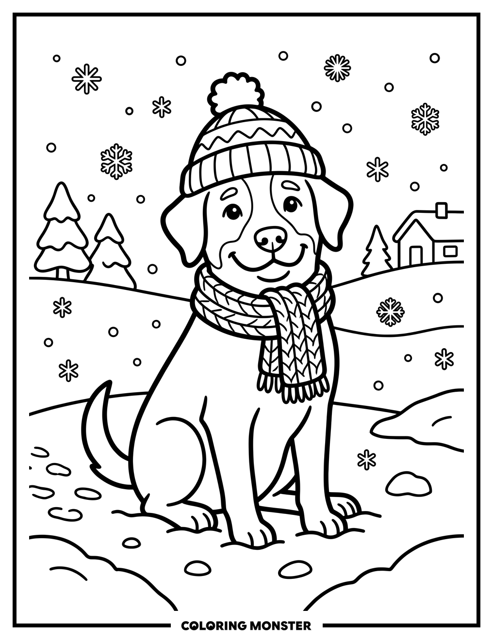 Happy Dog in Winter Snow Coloring Page