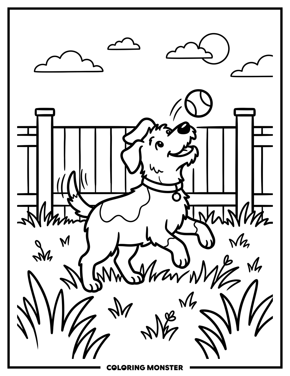 Happy Dog Playing Fetch Coloring Page