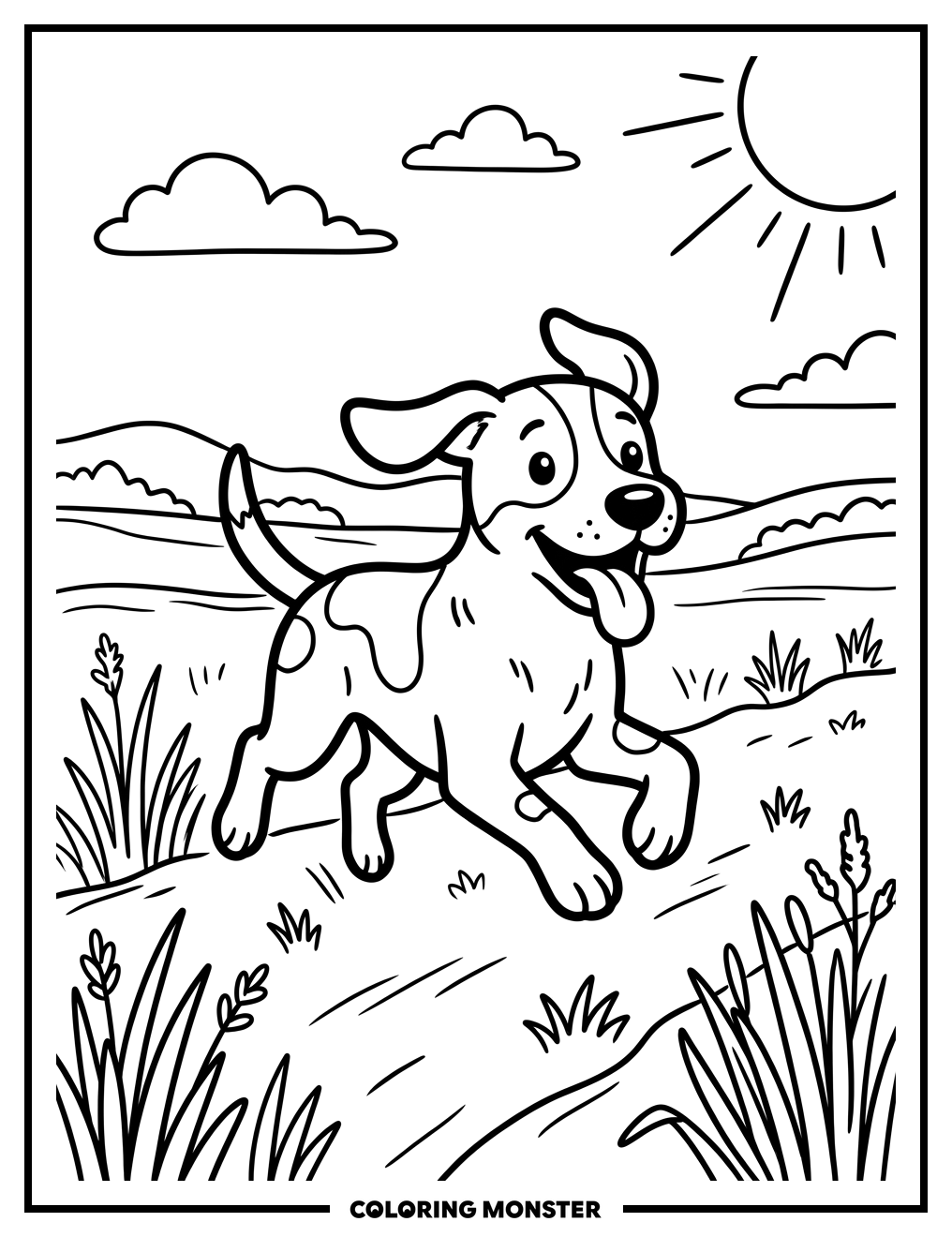 Happy Dog Running In Field Coloring Page