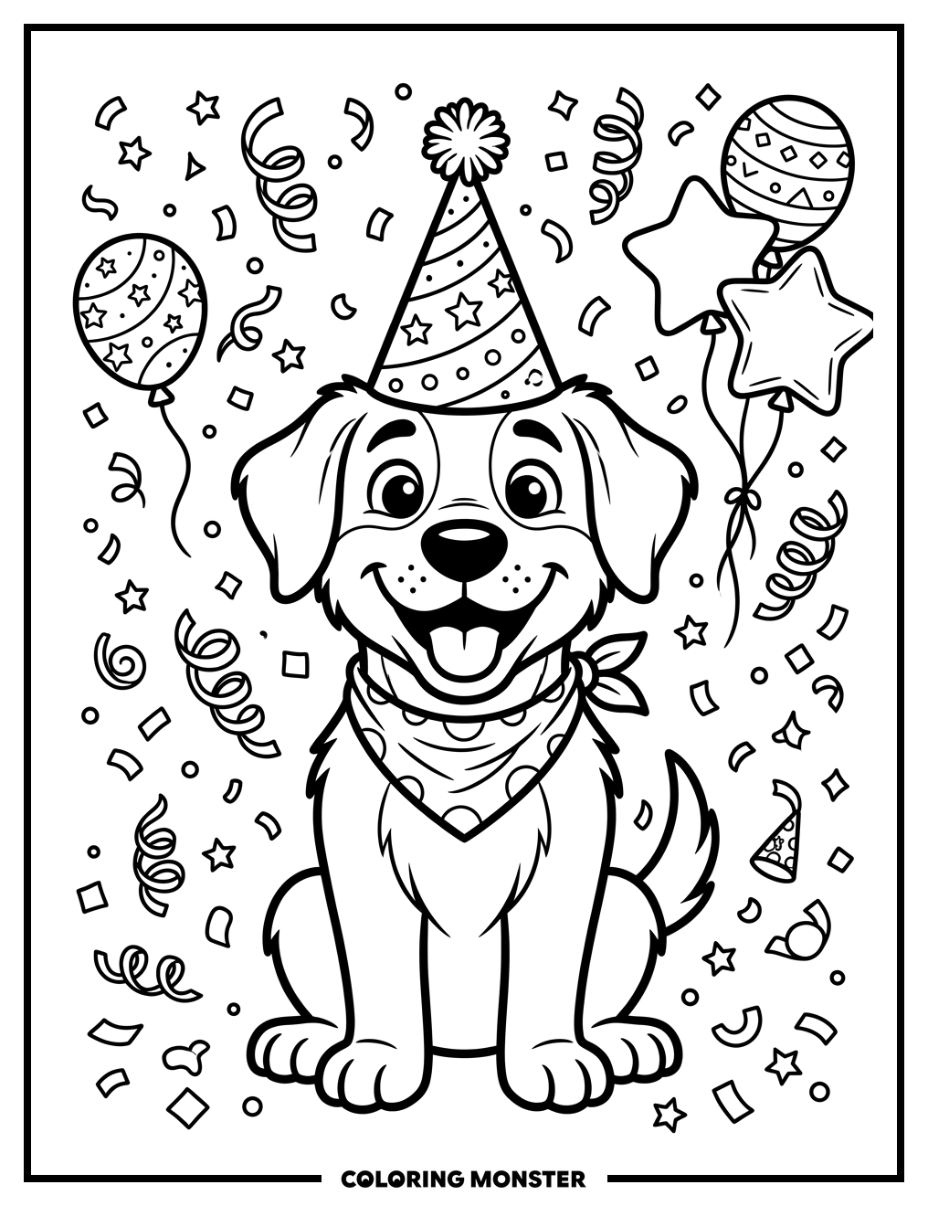 Happy Dog Wearing Party Hat Coloring Page