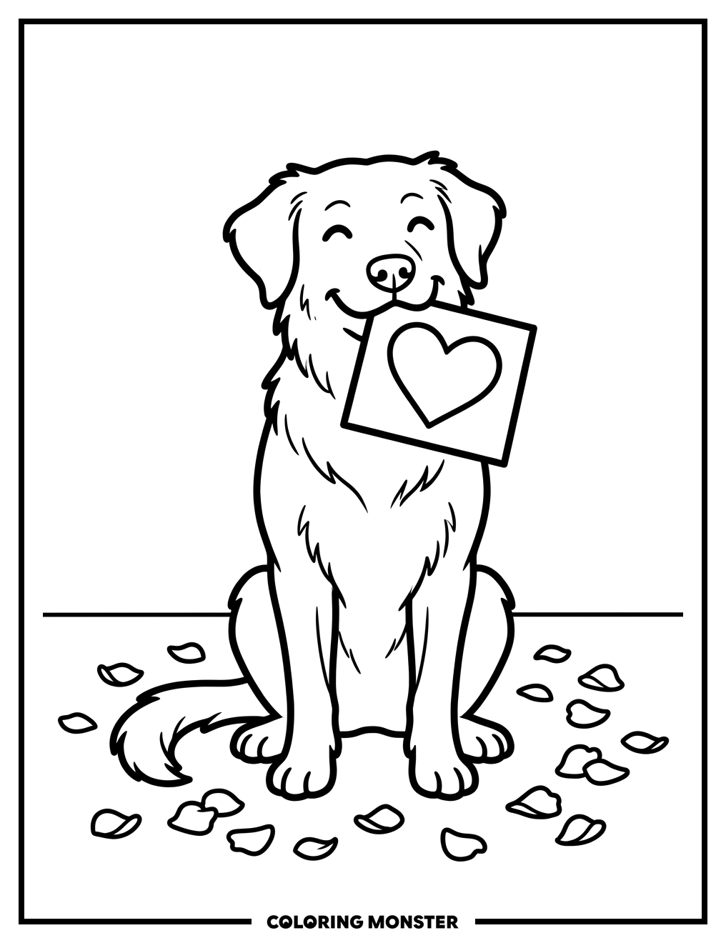 Happy Dog with Valentine Card Coloring Page