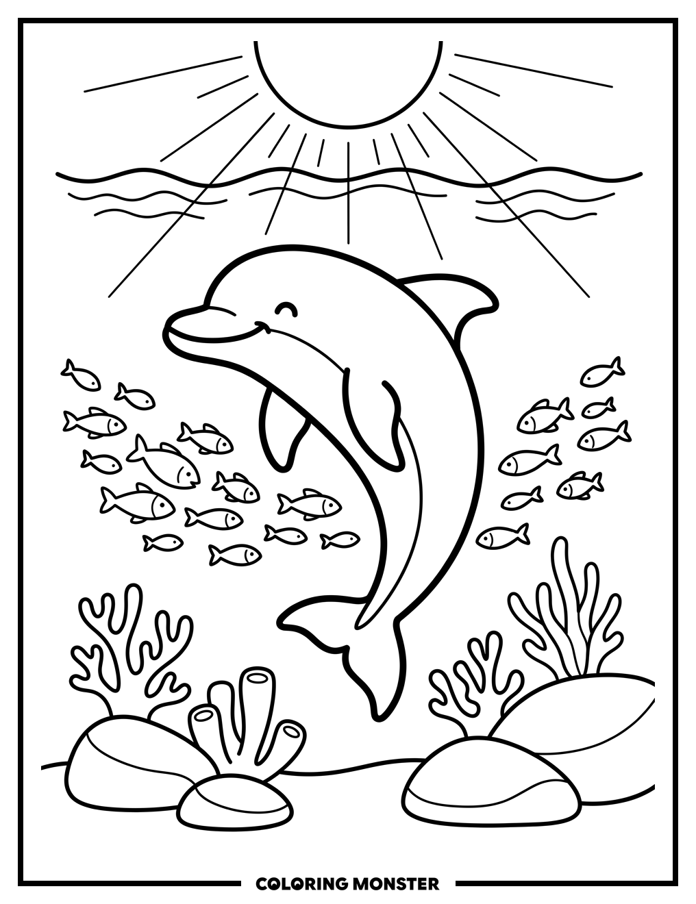 Happy Dolphin and Colorful Fish Coloring Page
