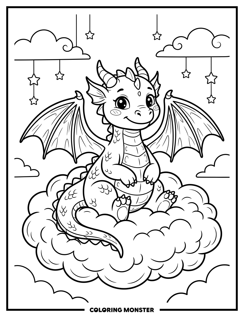 Happy Dragon on a Cloud Coloring Page