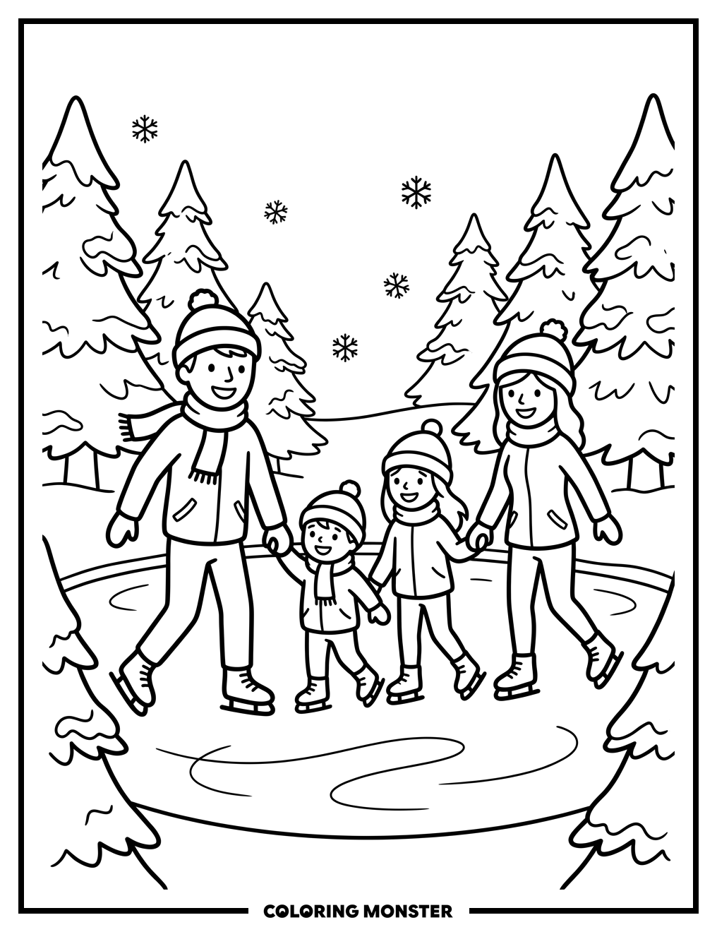 Happy Family Ice Skating Coloring Page