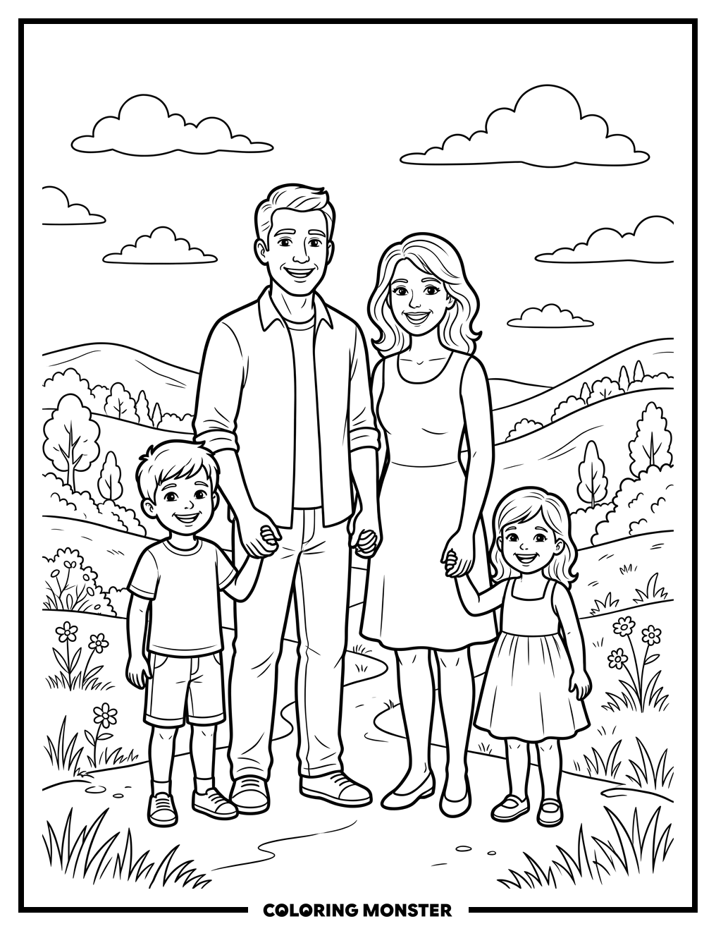 Happy Family Outdoors Coloring Page