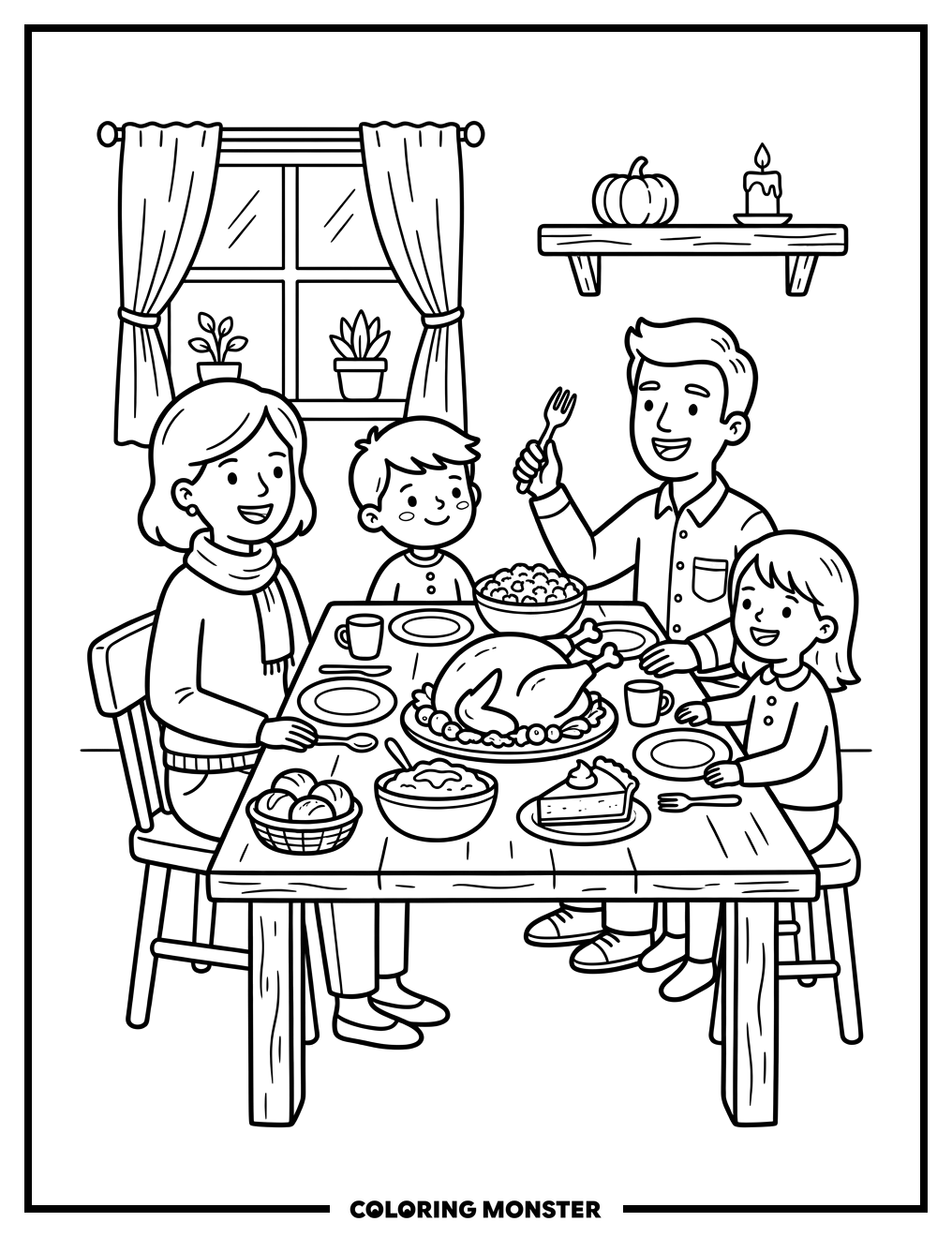 Happy Family Thanksgiving Dinner Coloring Page